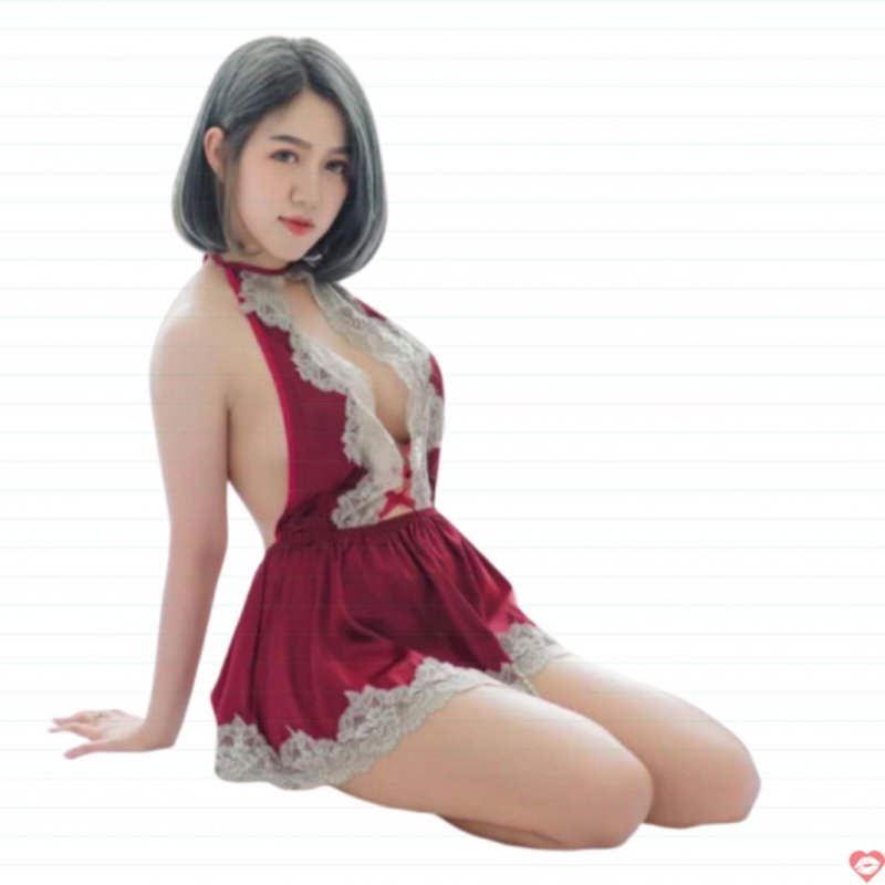 Đầm ngủ ren đỏ sexy tiểu thư gợi cảm xẻ ngực DN34 