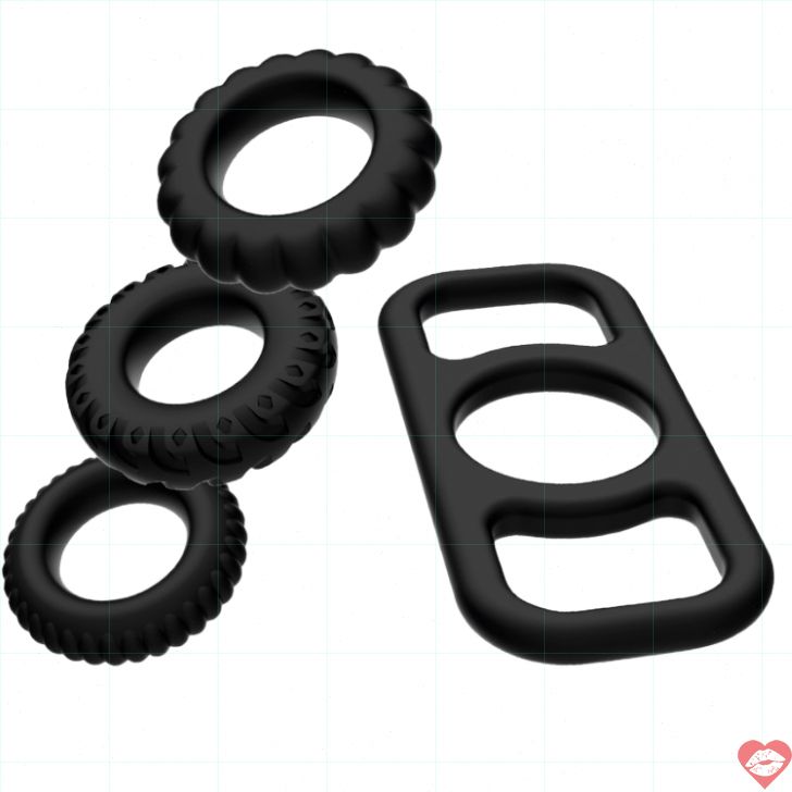 Addicted Toys vòng dương vật 4 món đen silicon bền bỉ tăng khoái cảm